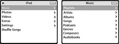 If you don’t see this main menu (shown on the left) at the moment, press the Menu button repeatedly until you do. From here, you can drill down into any iPod function. Use the scroll wheel to slide the highlight bar down the menu, and press the round Select button to jump into the chosen menu, in this case, the Music menu.