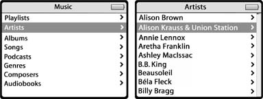 Click Artists to see a list of all the bands and singers in your iPod’s music library. Once you select an artist, the next screen takes you to a list of all of that performer’s albums. Similarly, the Albums menu shows all your iPod’s songs grouped by album name.