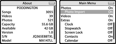Left: Among other trivia bits, the About screen shows how much space on the iPod is available for you to fill with songs and files.Right: The Main Menu settings, just under About, can customize your iPod’s main screen.