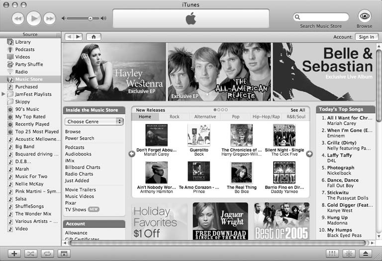 The Browse button and Search box in the upper-right corner of the iTunes window locate songs on the store’s inventory. Each genre of music in the Choose Genre pop-up menu has its own set of pages. Below it, you can see many of the store’s latest additions: streaming movie trailers, music videos, and TV shows, to name a few.