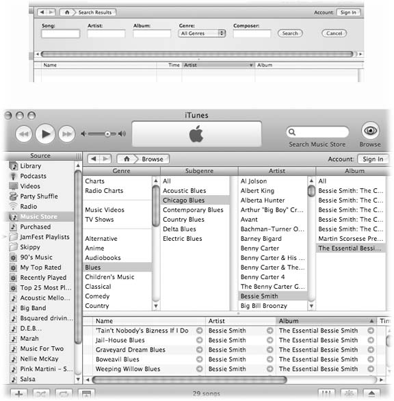 Top: Click the Power Search link on the Music Store’s home page to get to this search box in iTunes, where you can do some serious sleuthing for specific songs.Bottom: Click the Browse icon (in the upper-right corner), pick a genre, and then click an artist on the next list to see the albums available by that musician or group.