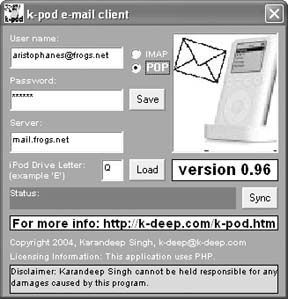 No matter which email program you use, from Outlook Express to Eudora, you just need to know your account’s settings–like user name, password, and mail server name–to set up K-Pod for mobile mail. The program copies only the messages, so you’ll still have them waiting for you the next time you check mail on your PC.