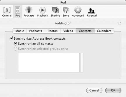 The iPod Preferences area contains all the controls for how your iPod behaves when connected to the Mac. Click the Contacts tab to send a copy of your Mac OS X Address Book over to the iPod’s drive so you can look up addresses and phone numbers on the go. You can choose to copy all contacts files or just ones from selected groups.