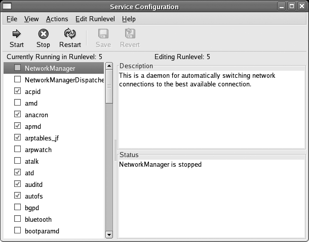 Services configuration window