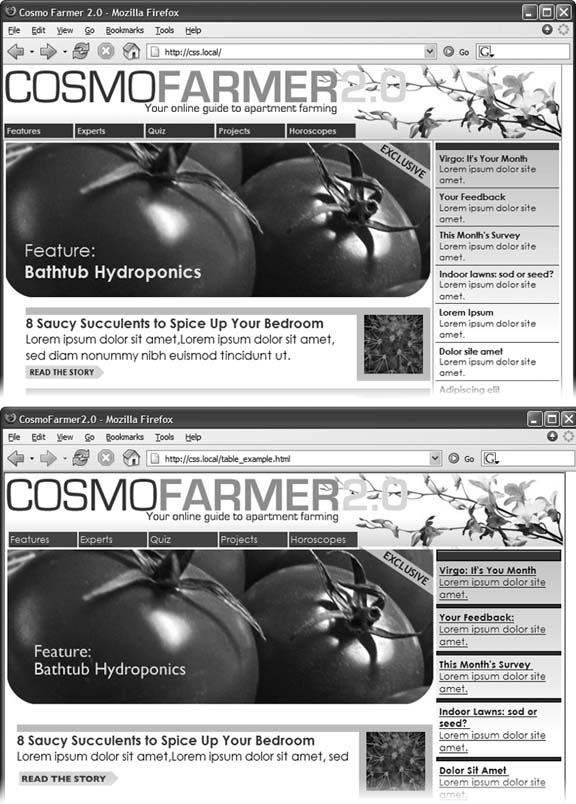 CSS-driven Web design makes writing HTML easier. The two designs pictured here look similar, but the top page is styled completely with CSS, while the bottom page uses only HTML. The size of the HTML file for the top page is only 4k, while the HTML-only page is nearly 4 times that size at 14k. The HTML-only approach requires a lot more code to achieve nearly the same visual effects: 213 to 71 lines of HTML code for the CSS version.