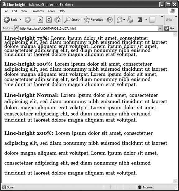 The line-height property lets you spread a paragraph's lines apart or bring them closer together. The normal setting is equivalent to 120 percent, so a smaller percentage tightens up the lines (top), while a larger percentage pushes them apart (bottom).