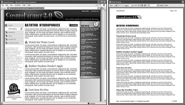 When printing a Web page, you really don't need navigation links or information that's not related to the topic at hand. With a printer style sheet, you can eliminate sidebars, navigation bars, and other content designed for Web browsing (left). The result is a simply formatted documentâperfect for printing (right).