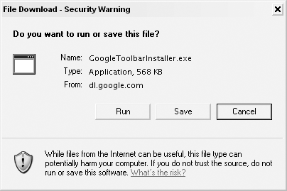 Internet Explorer security warning for the Google Toolbar