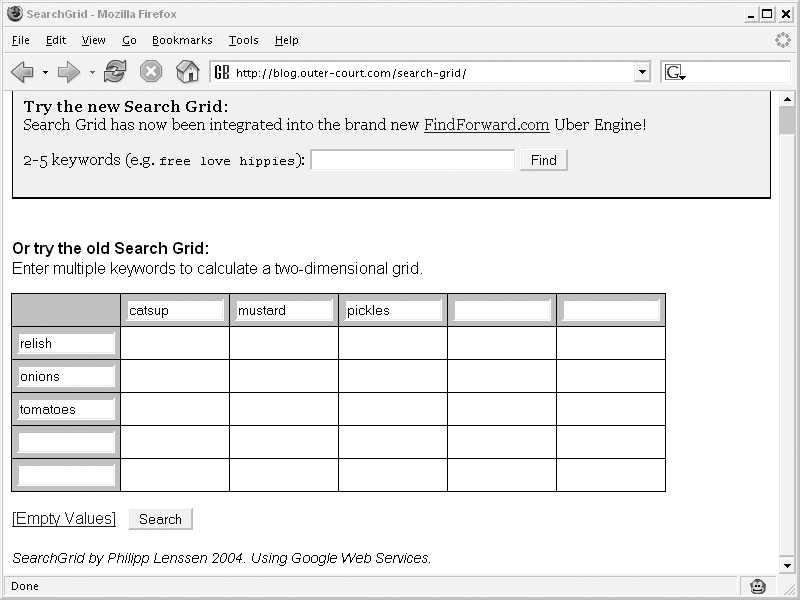 Search Grid populated with keywords to combine