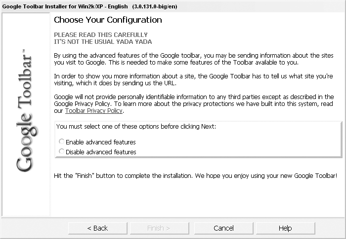 Internet Explorer privacy warning from the Google Toolbar installation