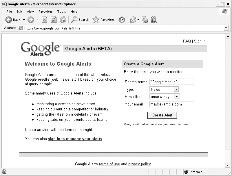 Monitoring the Web, News stories, or Groups postings with Google Alerts