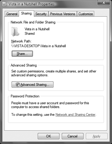 The Sharing tab, which lets you set sharing options for the folder