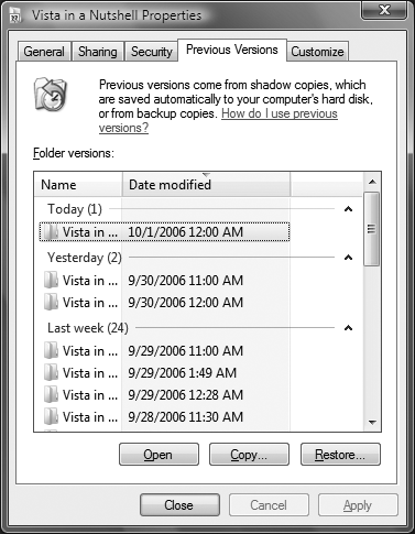 The Previous Versions tab, which lets you restore previous versions of the folder