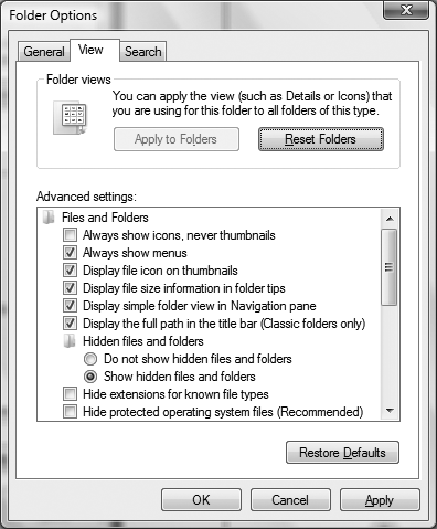 The Folder Options’ View tab, which contains many settings that affect the display of folders and files