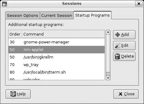 The sessions dialog showing Startup Programs