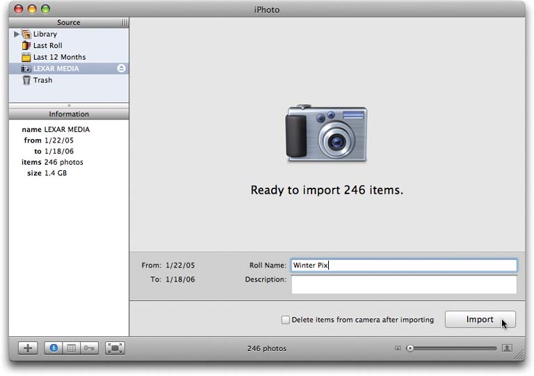 iPhoto is ready to import, captain! If you have to wait a long time for this screen to appear, it’s because you’ve got a lot of pictures on your camera, and it takes iPhoto a while to count them up and prepare for the task at hand. (The number may be somewhat larger than you expect if you forgot to erase your last batch of photos.)