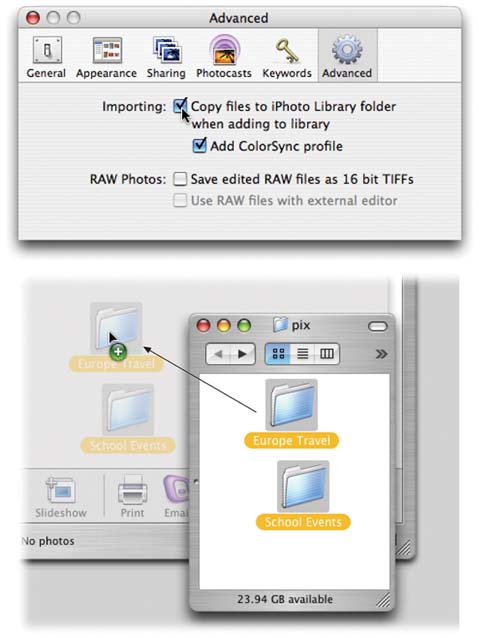 Top: In the Preferences dialog box, click the Advanced button. Here’s where you specify whether or not you want iPhoto to duplicate imported photos from your hard drive so that it has its own Library copy. (If you turn off this checkbox, iPhoto will simply track the photos in their current Finder folders.)Bottom: When you drop a folder into iPhoto, the program automatically scans all the folders inside it, looking for pictures to catalog. It creates a new film roll (Chapter 5) for each folder it finds. iPhoto ignores irrelevant files and stores only the pictures that are in a format it can read.