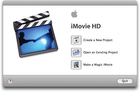 Click Create New Project to begin working on a new movie, Open Existing Project to open an existing movie, Magic iMovie to let the program assemble a movie unattended, or Quit to back out of the whole thing. The little ? button opens up the iMovie HD Help system.