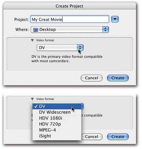Top: In the Create Project dialog box, you name your new movie and specify where you want to save it. Bottom: You can also tell iMovie what format to expect for the incoming video. In most cases, though, you don’t need to bother; iMovie automatically accommodates whatever camera you attach.