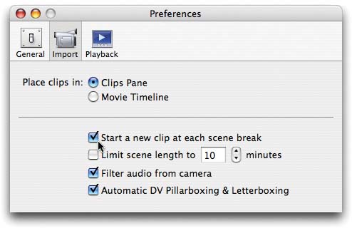 The iMovie → Preferences dialog box gives you control over the automatic clip-logging feature. You can turn off this feature entirely by turning off the “Start new clip at each scene break” option.