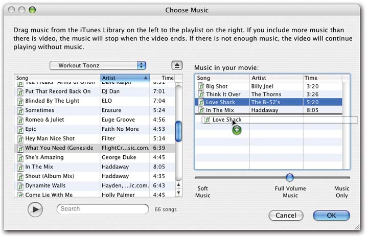 Drag songs from the left-side list (your iTunes collection) to the rightside list (your Magic iMovie soundtrack). Drag them up or down to rearrange them in the right-side list. The volume slider beneath the list lets you control the volume of the music relative to the camcorder audio. At the far-right setting, you hear only the music, which can give your movie a sweet, emotional overtone.