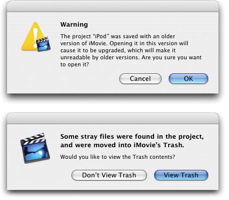 Top: When you open an older iMovie project, this message appears.Bottom: Sometimes, opening an older project produces this message, which refers to clips that are still in the Trash. For details, see Section 5.3.