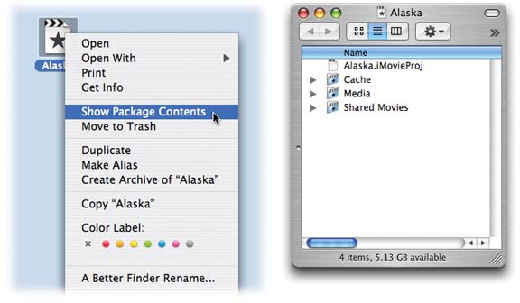 Left: Every new iMovie project “file” is actually a folder. To open it, Controlclick it (or right-click it, if you have a second mouse button). From the shortcut menu, choose Show Package Contents.Right: Inside, the contents look very similar to the contents of an old iMovie project folder, shown in Figure 4-14.