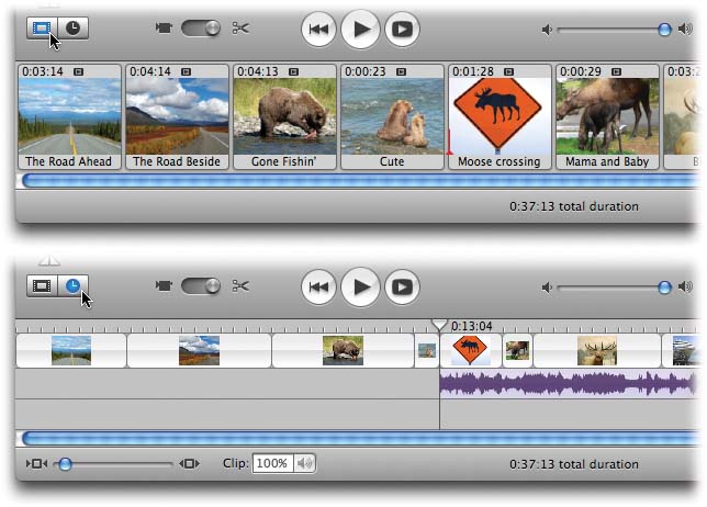 Top: When you click the film strip icon (indicated by the cursor), you see your camcorder footage.Bottom: Click the clock icon to see the Timeline Viewer, which reveals your audio tracks and shows the relative lengths of your clips. You can even rearrange your clips in the Timeline Viewer, as long as you master the knack of dragging them up (or down) and around the adjacent clips.