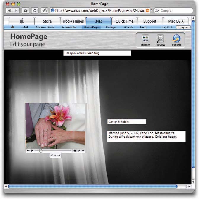 Here’s where you edit your movie page before unleashing it on the Web. Here’s where you can add or edit a title and a description.To choose a different movie, click the tiny Choose button beneath the movie scroll bar.When everything looks good, click Publish.You’ve just updated your Web page.