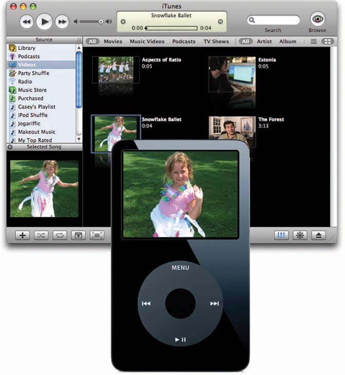 If you click Videos in the Source list at the left side of the iTunes window, you’ll see that your video is there, ready to roll. You can even double-click it for a quick playback on the Mac screen. (It plays in the small window at lower left, which you can enlarge if necessary.)If you’re satisfied, just connect and synchronize your iPod with your Mac as usual. After the synchronization, you’ll find your movie on the iPod, once again listed in the Videos category, ready to play for admiring friends and family.Very, very cool.