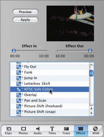 You can find a brightness limiter for iMovie in the Practical Plugins Sampler pack at . Download a copy, unstuff the file, and double-click the .dmg file to make the disk image appear onscreen. Drag the NTSC plug-in to your Home → Library → iMovie → Plugins folder.Instructions: In the Movie Track, choose the clips that need adjustment. Click Editing and then Video FX; select the NTSC Safe Colors effect. A preview begins to play, showing what the effect will look like on this clip.Leave the Effect In and Effect Out sliders at the proposed 00:00 positions. Click Apply. Wait as iMovie applies the effect to your footage. You may want to take a break and grab some coffee as you wait.