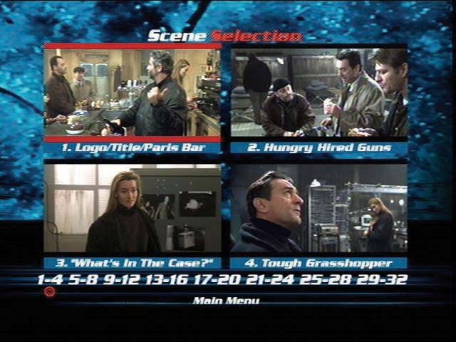 Most DVDs offer something called a scene menu like this one (from the movie Ronin), which lets viewers jump directly to their favorite scenes in the movie. Your DVD scene menus probably won’t be quite this elaborate, but you get the idea.