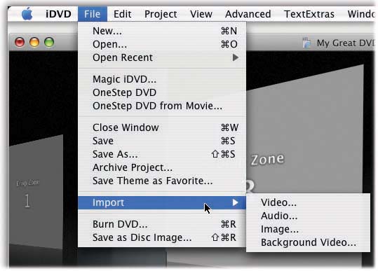 When you choose File → Import → Video, the Open File dialog box appears, so that you can navigate to a movie and select it. (You can’t select more than one movie to import at a time.) When you click Open, iDVD loads the movie and adds it to the current menu screen.