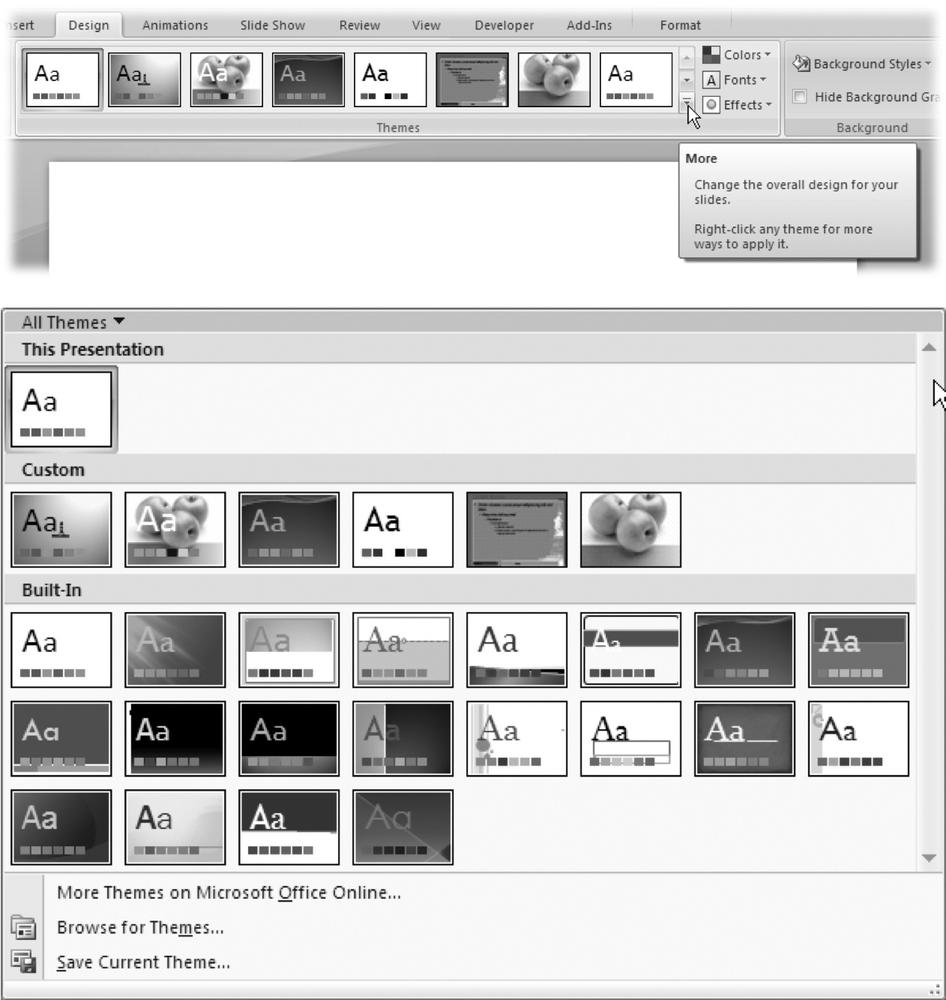 Top: Because all of the themes PowerPoint offers couldnât possibly fit on the ribbon, the PowerPoint designers decided to display a handful of the most popular, and then add a little More icon you can click to see all the rest.Bottom: The Themes gallery, shown here, is just one of many galleries you find in PowerPoint. Mousing over a gallery option automatically previews that option on your slide.