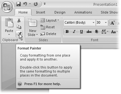 The screen tip help in PowerPoint 2007 shows you expanded descriptions, outlines the scenarios in which using the command or menu can be useful and lists keyboard shortcuts (if any). For more information, press F1 to display PowerPointâs help window with a help article describing the option in blow-by-blow detail.