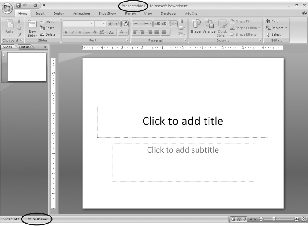 PowerPoint calls this a âblankâ presentation even though technically itâs not blank at all: It contains placeholders for the first slideâs title and subtitle. Section 1.2 shows you how to change the Office theme that PowerPoint hands you to something more colorful and more artfully laid out.
