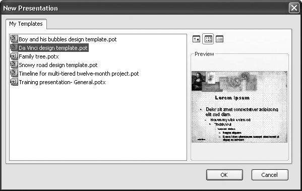 PowerPoint stores the templates you createâor that you download from Microsoftâs Office Online Web siteâin a special folder so that you wonât confuse them with PowerPointâs built-in templates. To change how the template icons appear, choose from Large Icons (which makes the template names easier to read), List (shown here), and Details (which displays the date the template was created).