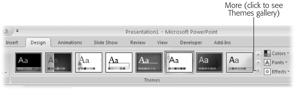 The Themes section of the Design ribbon contains just a snippet of the Themes gallery; to see more themes, you need to click the More icon.