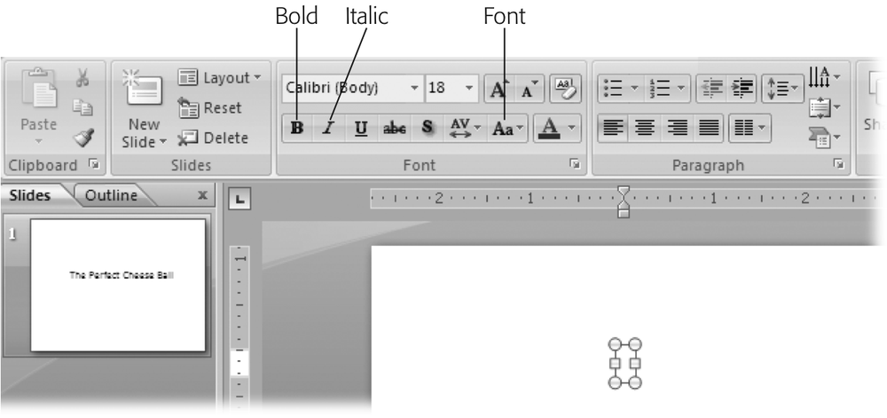 Choosing one or more formatting options (such as Bold, Italics, or Font) before you begin typing tells PowerPoint to apply those options to your text automatically as you type. (Youâll find more on formatting in Chapter 3.)