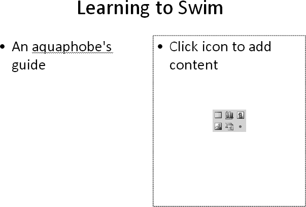 Say you have a Title layout and apply the Two Content layout. As shown here, PowerPoint repositions your subtitle as one of the boxes and adds another containing a helpful icon (and text instructions) that you can click to add a table, diagram, chart, and more.
