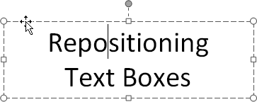 When you click in a text box, the text box outline appears dashed. When you click the outline itselfâwhich you need to do to reposition the text boxâthe outline changes from dashed to solid. If youâre having trouble finding the right spot to click, look for the double-headed arrow cursor. When you see it, you know youâre in the right spot to drag.