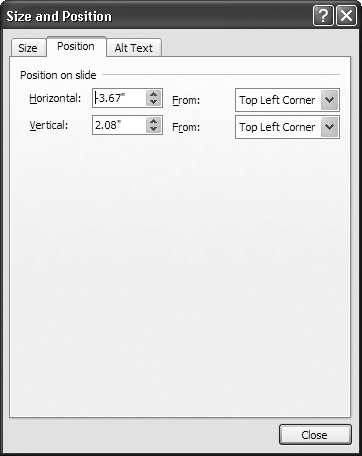 The Position tab of the Size and Position dialog box lets you specify precisely how you want to position your text boxes and other elements, which is especially useful if youâre using PowerPoint to create a program interface mock-up. If you like, you can tell PowerPoint to calculate the Horizontal and Vertical amounts you specify based on the center of your slide (instead of the top-left corner).