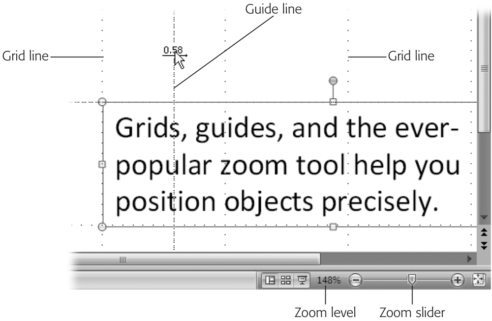 The grid helps when youâre positioning text boxes; guides are more useful when youâre lining up a bunch of objects. Clicking the zoom tool blows up your slide (here, to a whopping 148%) so you can position objects more precisely.