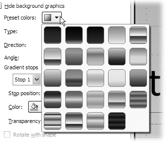 This black-and-white screenshot doesnât do justice to the color-drenched gradient presets, or precreated gradient effects, that PowerPoint offers.