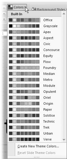 The color schemes you see listed in the gallery depend both on the theme you apply to your presentation, and whether or not you create new custom color schemes. Here, the color schemes run from Office to Origin and beyond. (The scroll bar indicates there are a few more color schemes to choose from.)