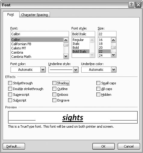 Open the Font box (Alt+H+FN) to change the typeface, style, size, color, and other effects. Like many dialog boxes, the Font box gives you access to more commands than you find on the ribbon.
