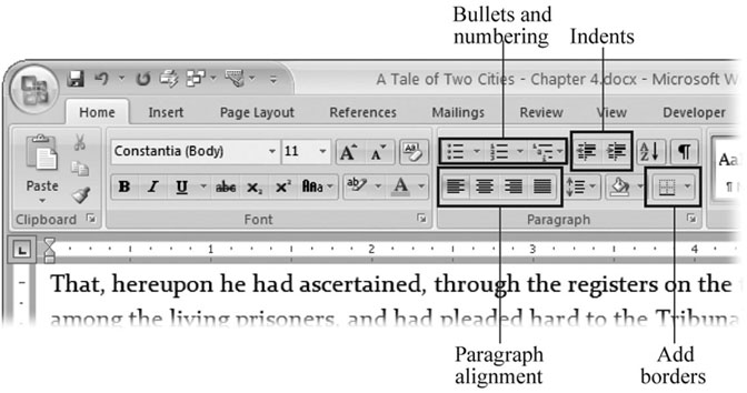 Paragraph formatting commands are in the Home â Paragraph group. Left to right, from the top, you find buttons to add bullets and numbers, apply indents, sort paragraphs, show the paragraph mark, align paragraphs, adjust line spacing, change the background color, and add borders.