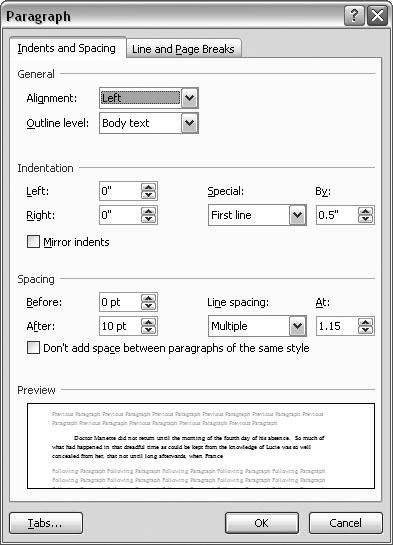 The Paragraph box is divided into four sections. From the top you see: General, Indentation, Spacing, and Preview. As you adjust your paragraph formatting using tools from the first three groups, you see the changes take place in an example paragraph in the Preview window.