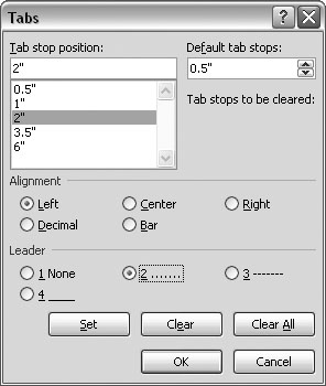The Tabs box puts you in complete control of all things tabular. When you select a specific tab in the upper-left box, you can customize its alignment and leader characters.