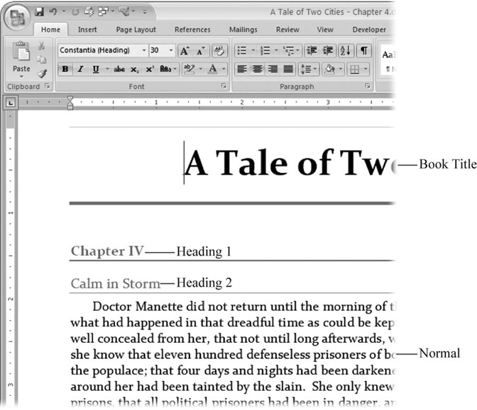 This attractive page uses four Quick Styles: Book Title style centers the text and sets the font to 30-point Constantia with colored borders above and below. Heading 1 for the chapter heading uses a different color and generous paragraph spacing. The Heading 2 spec uses a complementary color and closer paragraph spacing. Finally, the body text uses the Normal style, which provides, among other things, an indent for the first line of each paragraph.